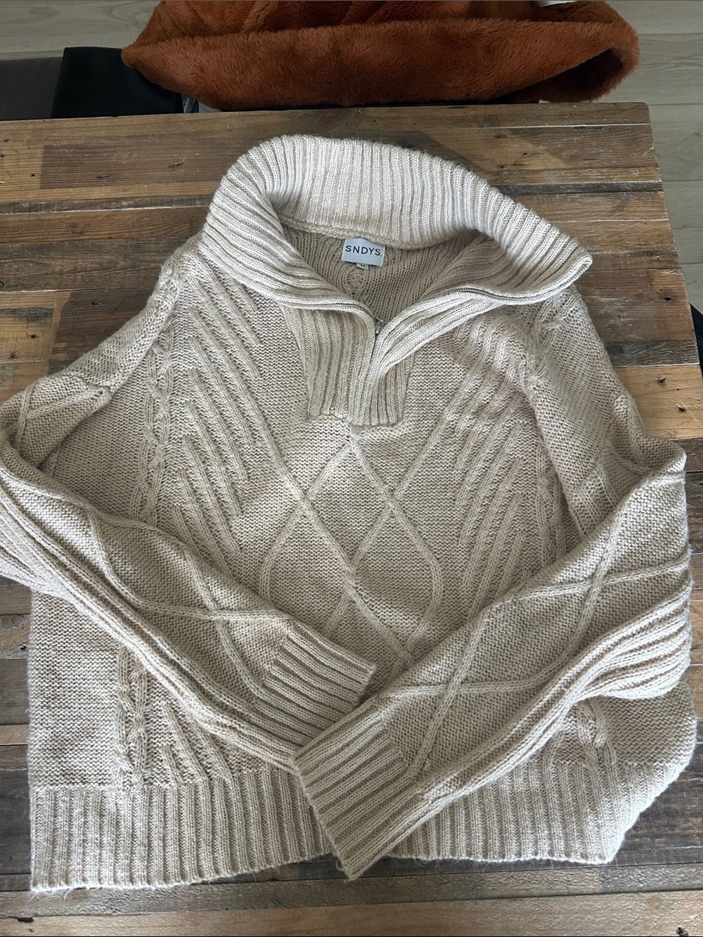 SNDYS Cream Cable-Textured Funnel Collar Sweater